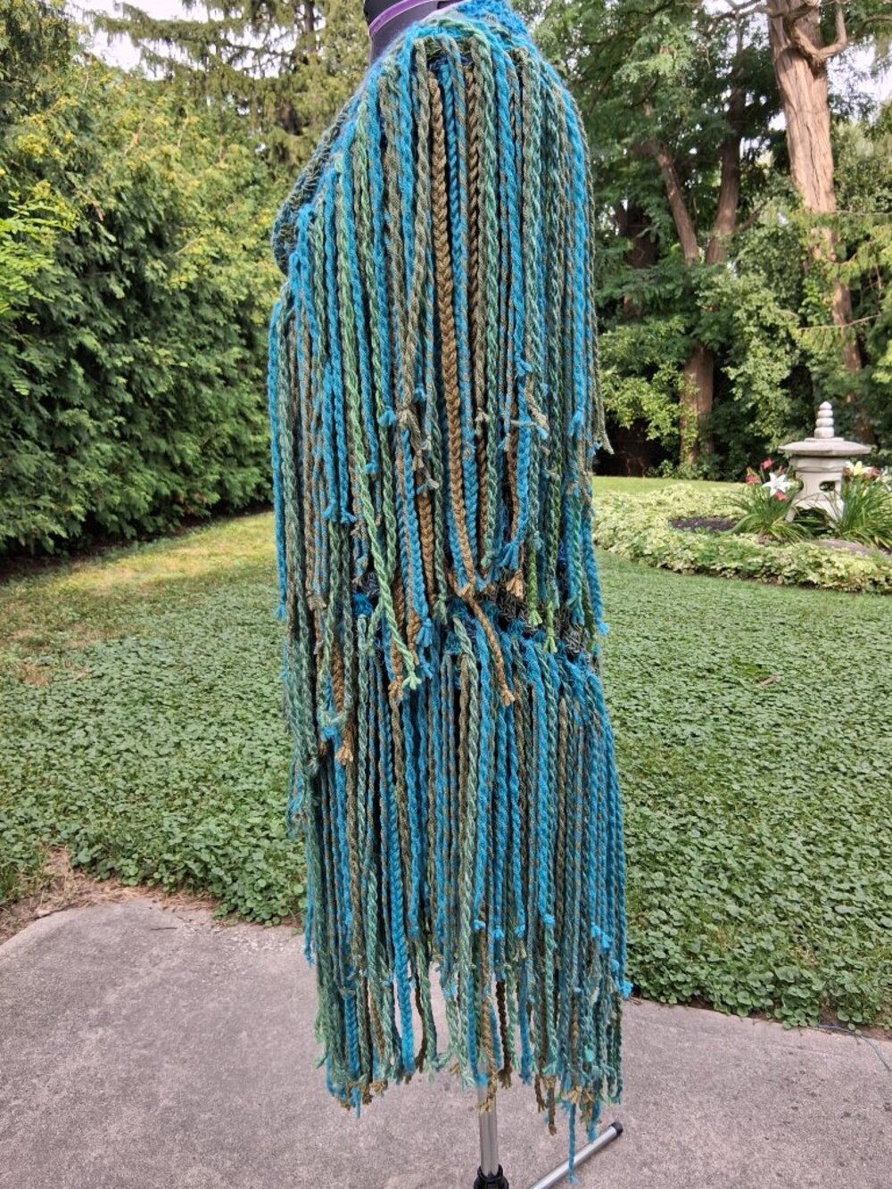 Boho Turquoise Blue and Green Full Thick Fringe Shawl Shrug - Picture 8 of 14